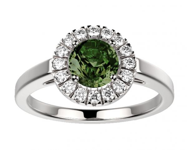 Bague saphir vert serti d'un halo de diamant sur or blanc modèle Juliet L