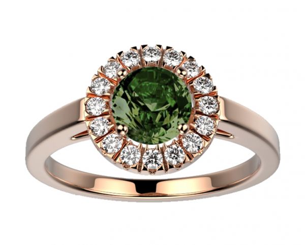 Bague saphir vert serti d'un halo de diamant sur or rose modèle Juliet L