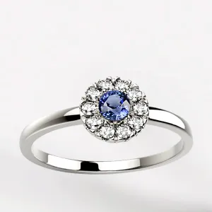 Bague saphir avec halo en diamant sur or blanc modèle Juliet anneau non pavé