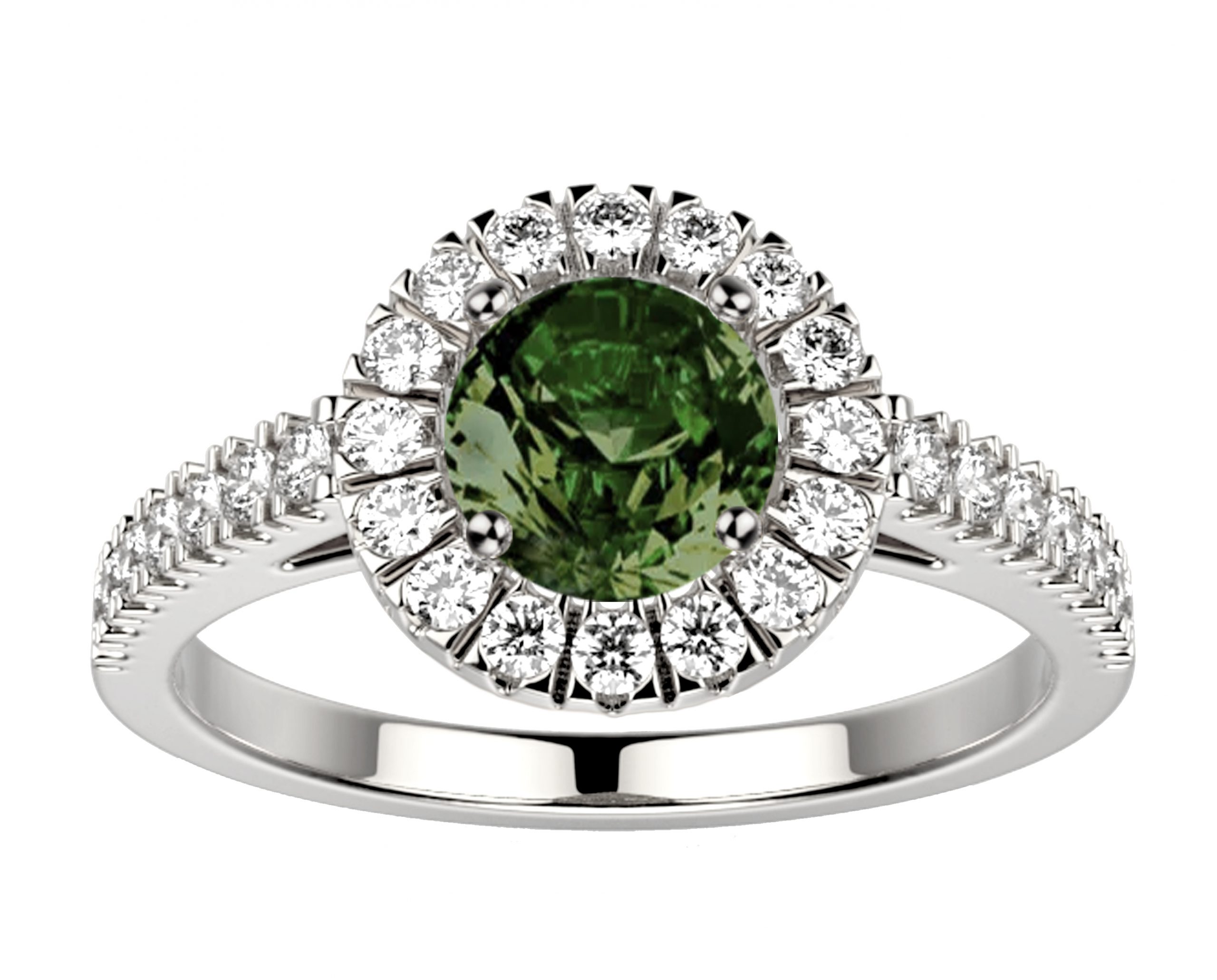 Bague saphir vert sur un anneau en or blanc modèle Juliet full pavé